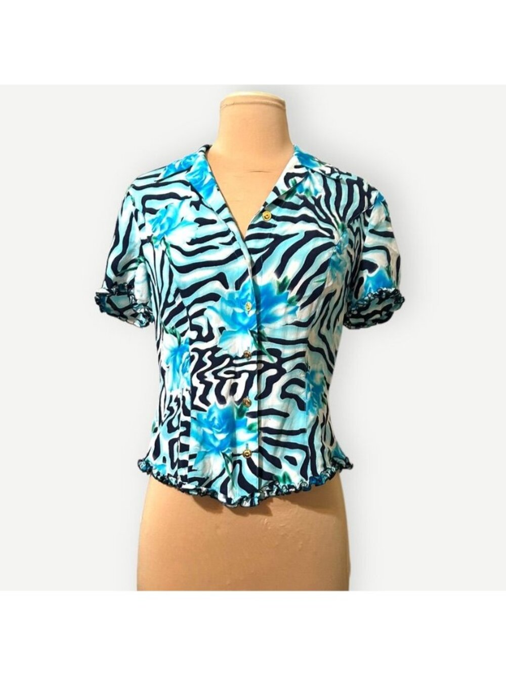Escada Silk Blouse IT 34 US 4 Blue Abstract Print Gold Buttons EUC Ruffle